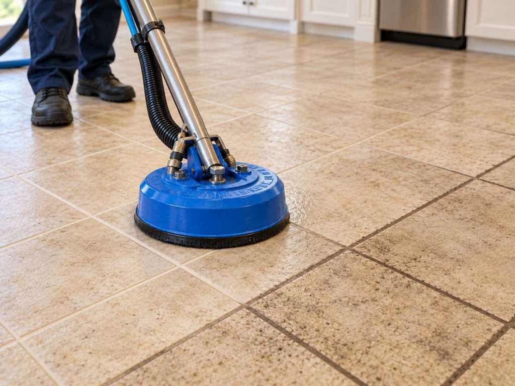 Rotary tile and grout cleaning tool on a kitchen floor, half cleaned
